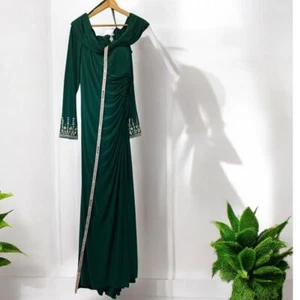 Mac Duggal Emerald Green Evening Gown Draped Beaded Sleeves Formal Dress Size 14 - Picture 1 of 3