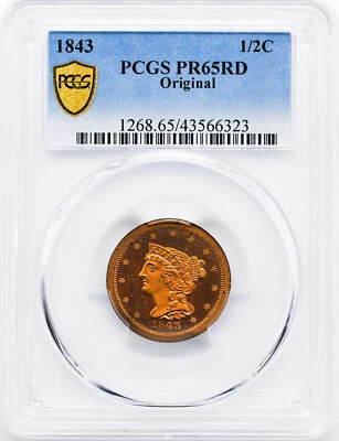 1843 BRAIDED HAIR 1/2C PCGS PR 65 RD - Image 1 of 4