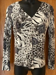 Sarah Spencer rayon Sweater Sz Small Black White pattern Button front Cardigan - Picture 1 of 10