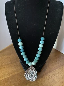 Aqua Teal Glass Beads with Silver Brass Pendant Necklace For Women - Picture 1 of 3