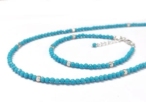 Conjunto combinado de pulsera y collar de cuentas redondas facetadas turquesa azul de 2-3 mm - Imagen 1 de 15
