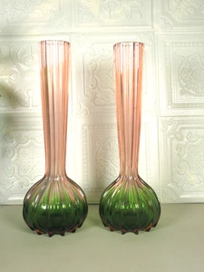 Art nouveau pair Rubina Verde 1920s Glass Vase Soliflore Loetz French Bohemian - Picture 1 of 15