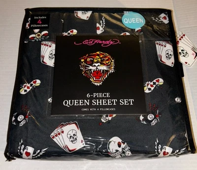 Juego de sábanas Ed Hardy 6 piezas Queen negras cartas calaveras tatuaje dados suerte Foto 1 de 4