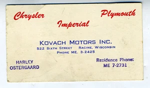 1940er Adv Visitenkarte für Kovach Motors of Racine Wisconsin Chrysler Plymouth - Bild 1 von 1