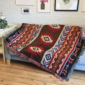 Outdoor Beach Picnic Blanket Striped Boho Linen Bed Blankets Sofa Rug Tassels - Picture 1 of 10