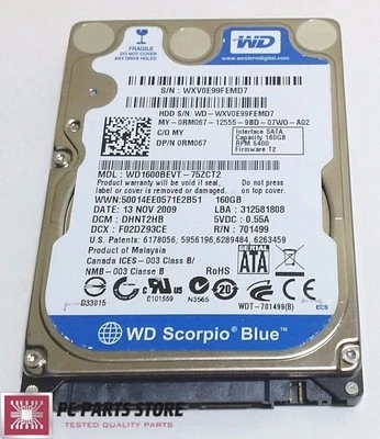 Western Digital 160GB 2.5 WD1600BEVT-75ZCT2 2061-701499-E00 AD FOR PARTS/REPAIR - Image 1 of 4