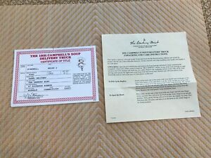 DANBURY MINT 1931 FORD PANEL CAMPBELL'S SOUP DELIVERY TRUCK CERTIFICATE OF TITLE
