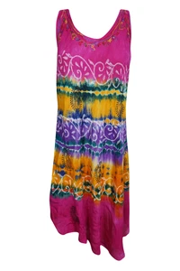 Boho Gypsy Colorful Tie Dye Loose Tank Dress Beach CoverUp Uneven Hem Sundress L