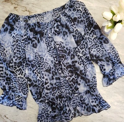 Peasant Blouse Size M Blue Print Blue Blouson Waist Gathered Off Shoulder - Image 1 of 4