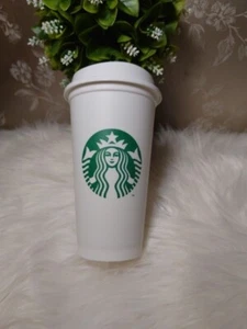 Starbucks Coffee 16 oz/437ml White Plastic Reusable Travel Mug Beaker Tumbler UK - Picture 1 of 7