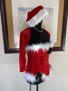 Mrs. Claus Costume Red Velvet Corset & Shrug w/ White Feather Trim New US Medium - Picture 1 of 8