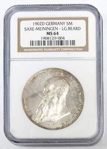 1902 D Germany 5 Mark Saxe Meiningen Large Beard NGC MS 64 - Picture 1 of 3