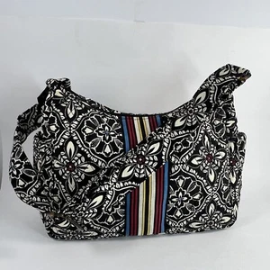 VERA BRADLEY BARCELONA BLACK STRIPE HOBO HANDBAG - Picture 1 of 9