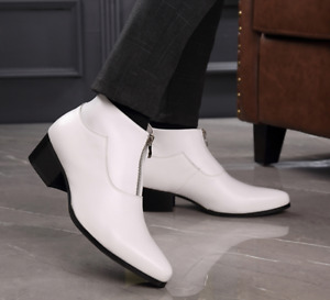Men's Pointed Toe Cuban Mid Heel Dress Formal Shoes Zipper Leather Ankle Boots