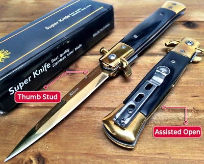 8.75" Italian Milano Italian Damascus Assisted Open Pocket Knife Knives  - BK - Image 1 of 2