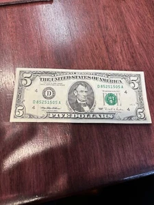 1995 $5 Five Dollar Bill US Note D85251505A - Picture 1 of 2