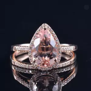 Natural Diamond Pink Morganite Wedding Lady Set Ring Matching Band 14K Rose Gold - Picture 1 of 11