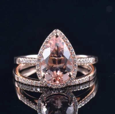 Natural Diamond Pink Morganite Wedding Lady Set Ring Matching Band 14K Rose Gold - Image 1 of 4