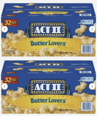 Paquete de 2 palomitas de maíz para microondas ACT II Butter Lovers (2,75 oz., 32 paquetes) - Envío Gratis Foto 1 de 2