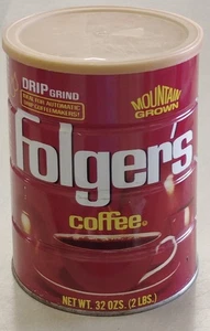 Vintage Folgers 32 Oz (2 Lbs) Coffee Can Drip Grind Mountain Grown With Lid - Picture 1 of 12