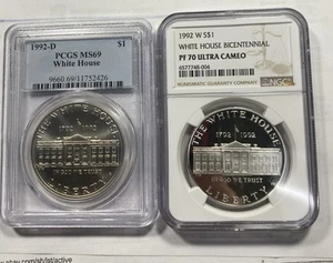 (2) 1992 $1 W&P White House Silver Dollars NGC PF70/PCGS MS69 Item 9567 - Picture 1 of 5