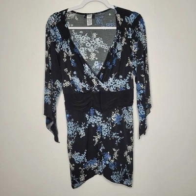 Vintage y2k 90s blue black floral tie back babydoll witchy whimsigoth top 18/20 - Image 1 of 4