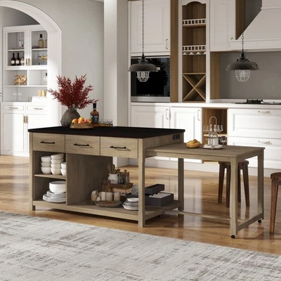 Extendable Kitchen Island on Wheels with Drawers and Open Shelves Kitchen Cart - Image 1 of 4