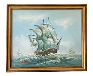 Vintage Oil Painting Seascape of Ship on Stormy Seas Signed Framed Original Art - Picture 1 of 18