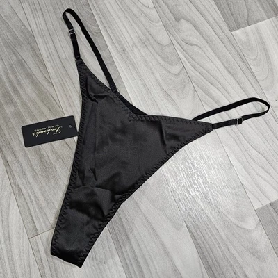 Frederick's of Hollywood Black Adjustable Satin Silky Thong Panty Size XL - Image 1 of 4