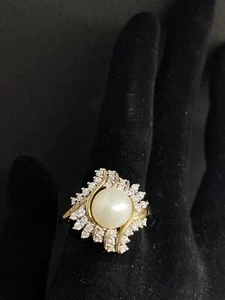 10k Yellow Gold Diamond Pearl Ring 34 Round Brilliant Cut Diamonds Sea Queen WOW - Picture 1 of 9