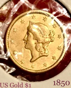 🔥SCARCE 1850 STACK’S $1 GOLD DOLLAR ~CHOICE BU++ MS 1965 AUCTION SCLOSED WREATH - Picture 1 of 4