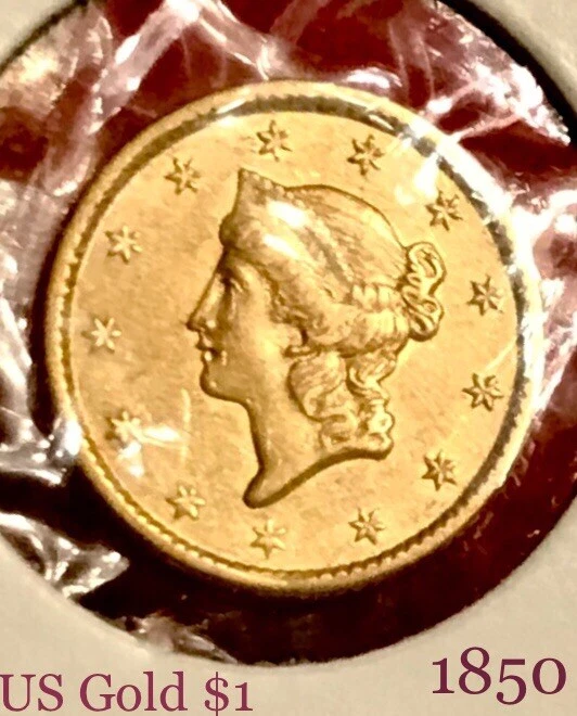 🔥SCARCE 1850 STACK’S $1 GOLD DOLLAR ~CHOICE BU++ MS 1965 AUCTION SCLOSED WREATH - Image 1 of 4