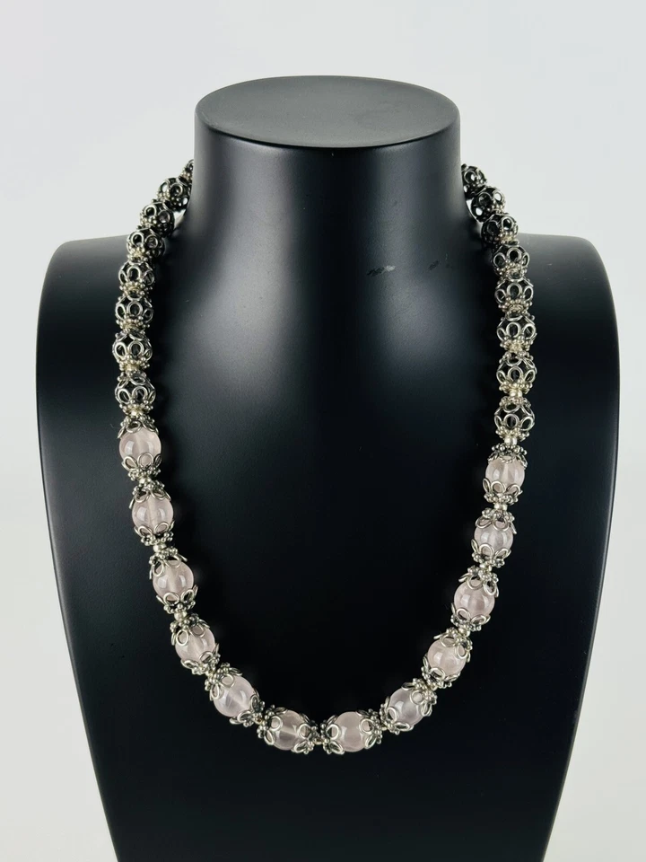 Girocollo Tibetano Collana In Argento E Sfere Quarzo Rosa Gioiello Tibet XX Sec. - Immagine 1 di 4