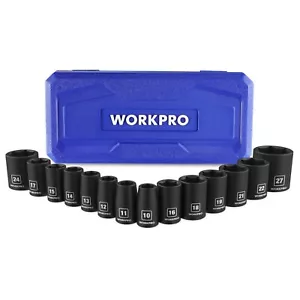 WORKPRO 1/2”Drive Shallow Impact Socket Set Metric Cr-V Steel 6-Point Socket Set - Picture 1 of 10