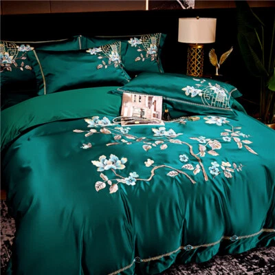 Bedding Set 4pcs 100% Silk Cotton Embroidery Duvet Cover Bed Skirt 2 Pillowcases - Image 1 of 4