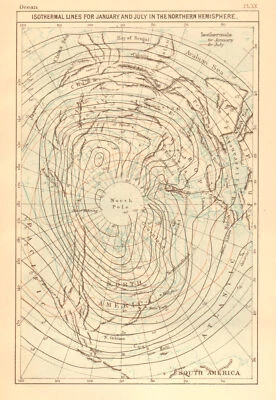 Líneas isotérmicas enero y julio hemisferio norte. Mapa Polo Norte Ártico 1886 Foto 1 de 2