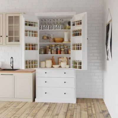Freestanding Tall Kitchen Pantry Cabinet with 3 Shelves, 8 Doors & 3 Drawers - Image 1 of 4