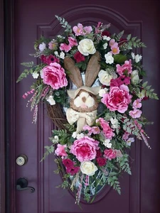 Flower Door Wreath Spring Summer Grarden Bunny Country Style Wall Hanging Easter - Picture 1 of 9