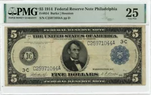 1914 $5 Federal Reserve Note Philadelphia Fr# 854 PMG VF25 - Picture 1 of 2