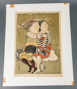 Graciela Rodo Boulanger signierte Lithographie Etreindre Des Paare Schwestern mit Katze - Bild 1 von 7