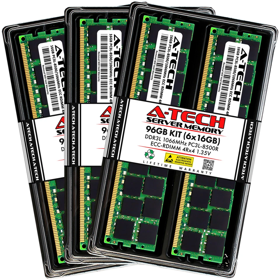 A-Tech 96GB 6x 16GB 4Rx4 PC3-8500R DDR3 1066 LV ECC RDIMM REG Server Memory RAM - Image 1 of 4