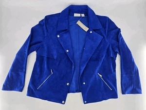 Chico's Jacket Sz 3 Blue Blazer Moto Snap Front Faux Suede Stretch Lined Jacket - Picture 1 of 12