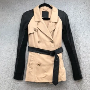 Veda Trench Coat Womens Small Beige Black Leather Belted Mid Length  - Picture 1 of 21