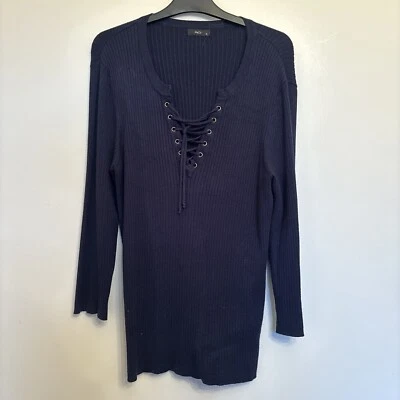 Navy Longer line  Jumper Ribbed Corset Style Tie Detail Size 14 - Image 1 of 4