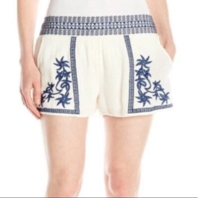Pantalones Cortos Lucky Brand Boho Bordados Florales Blanco Azul Para Mujer Talla Mediana Foto 1 de 4