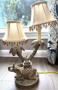 Vintage Elephant Trunk Lamp with Dual Palm Trees With Shades VERY NICE - Picture 1 of 24