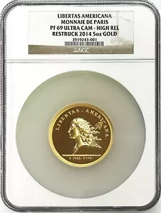 2014 GOLD 5oz LIBERTAS AMERICANA MONNAIE DE PARIS FRANCE MEDAL NGC PF 69 UC - Picture 1 of 4