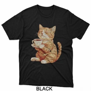 Cat With Coffee Cute Cat Lover T-Shirt - Picture 1 of 8