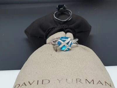 David Yurman 纯银电缆包裹戒指 带钻石和蓝色黄玉 尺寸 6.5 — 第 1/4 张图片