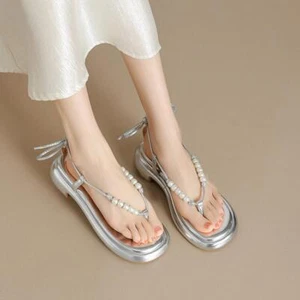 Sandalias informales de tacón grueso con punta de clip para mujer suaves enredaderas zapatos de playa bomba  - Imagen 1 de 7